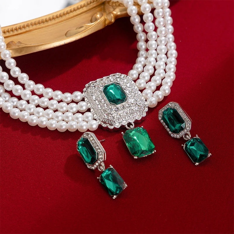 1Set Luxury Multilayer Imitation Pearl Necklace Earrings For Women Girls Temperament Jewelry Bridal Rhinestone Wedding Jewelry