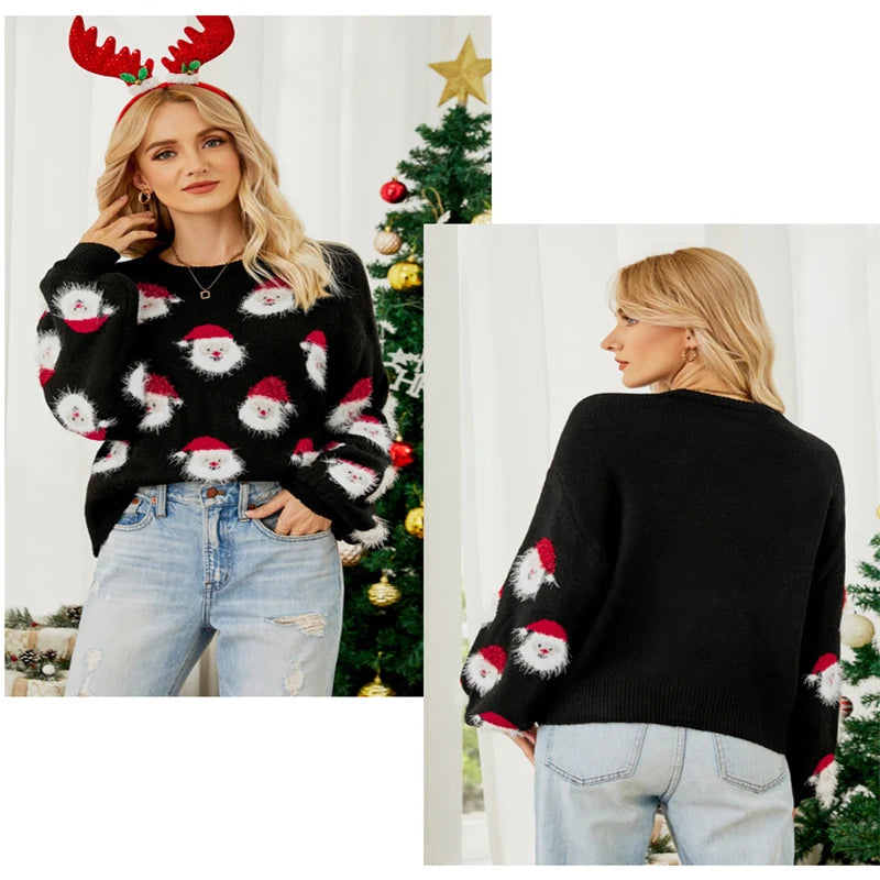 2024 Autumn and Winter New Christmas Outfit Old Man's Head Knitted Sweater European and American Women's Pullover Christmas
