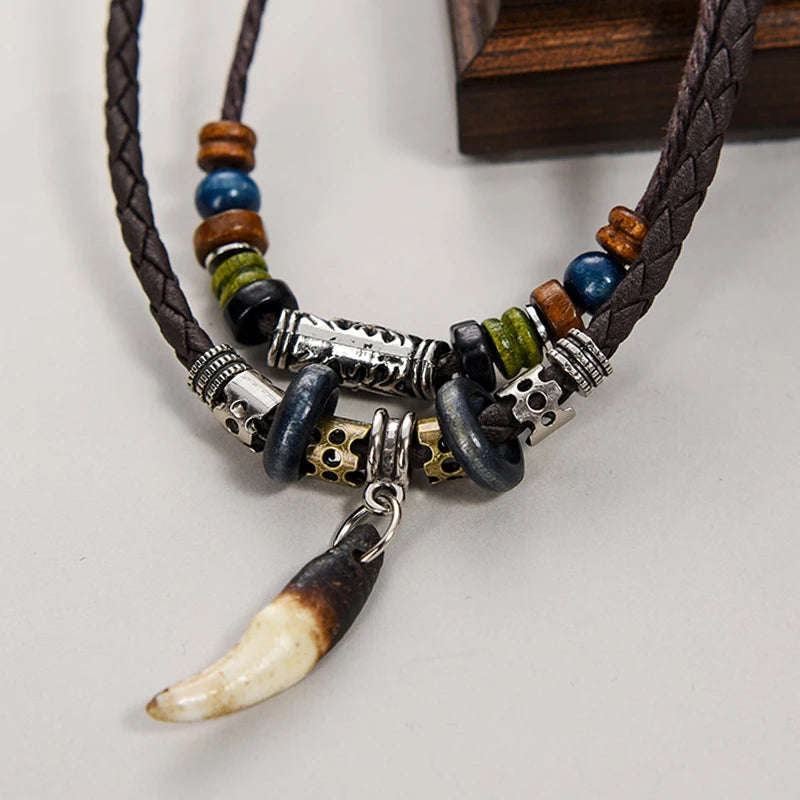 Vintage Men's Wolf Tooth Pendant Necklace Double Layer Leather Rope Necklaces Ancient Tribe Prayer Beaded Choker Charm Chains