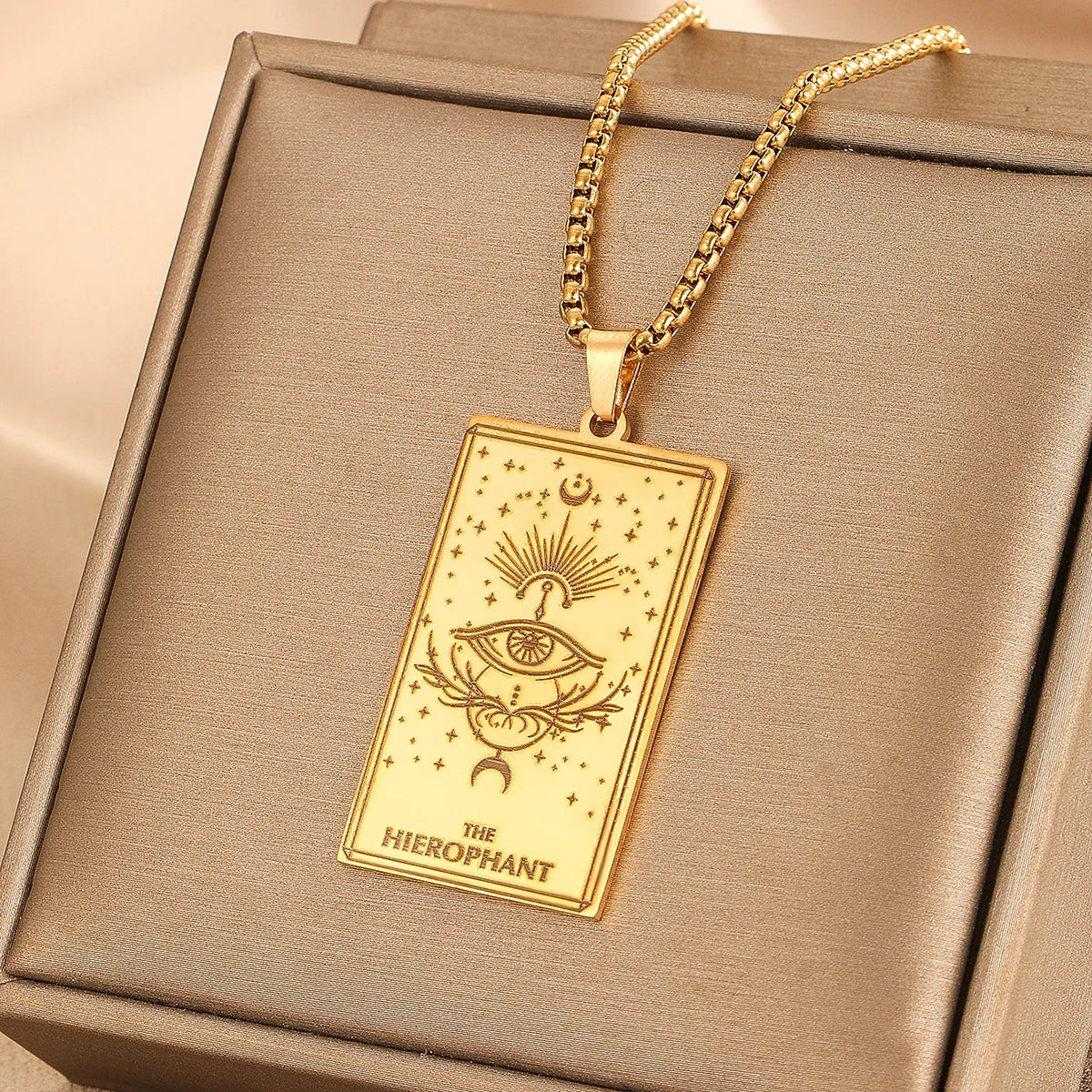 Vintage Moon Rose Flower Tarot Card Necklace Talisman Stainless Steel Libra Justice Necklace for Women Men Sun Amulet Jewelry