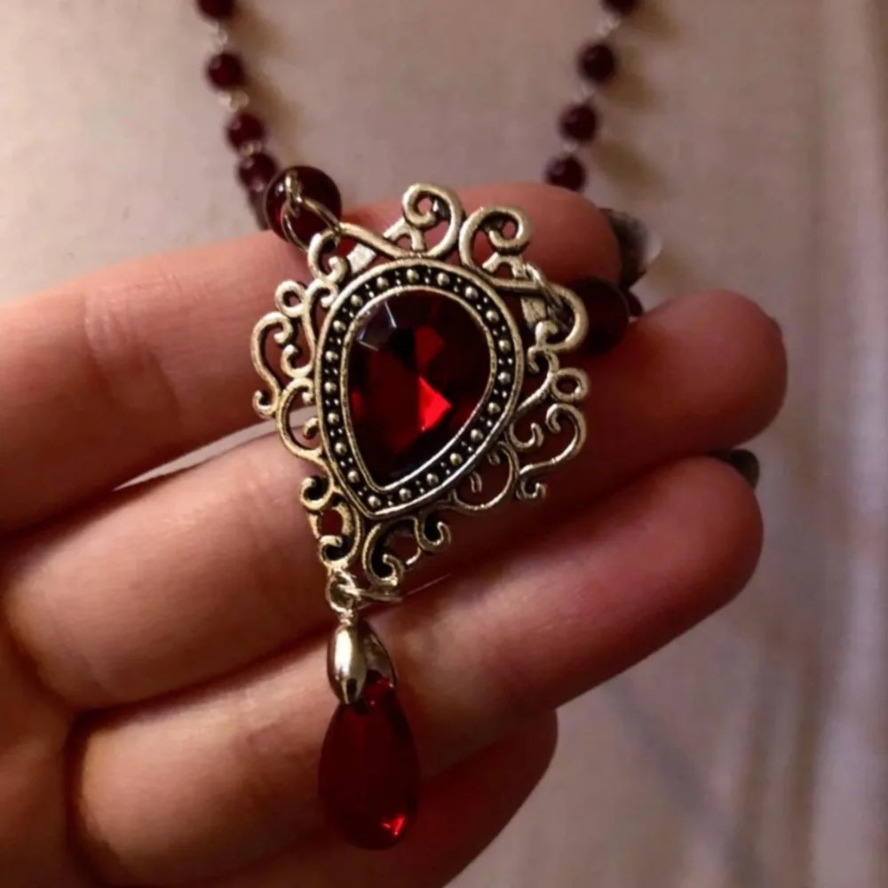Victoria Gothic Sliver Color Lacework Red Water Drop Glass Crystal Pendant Bead Chain Necklace for Women Rose Witch Jewelry Gift