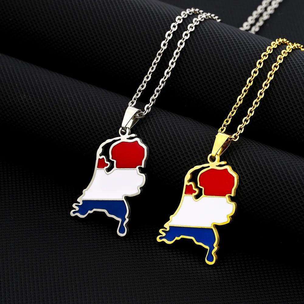 2024 new fashion stainless just vintage Dutch map flag pendant necklace temperament everything collarbone chain birthday anniver