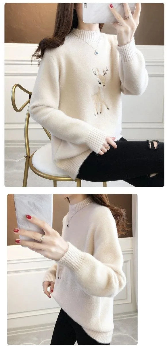2023 Christmas Sweater Women Faux Mink Cashmere Half High Collar Pullover Fleece Winter Clothes Embroidery Deer Warm Jumper