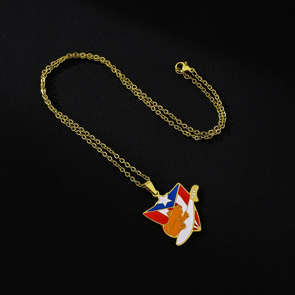 2024 New fashion stainless steel vintage dripping stainless steel Puerto Rico flag pendant necklace temperament everything colla