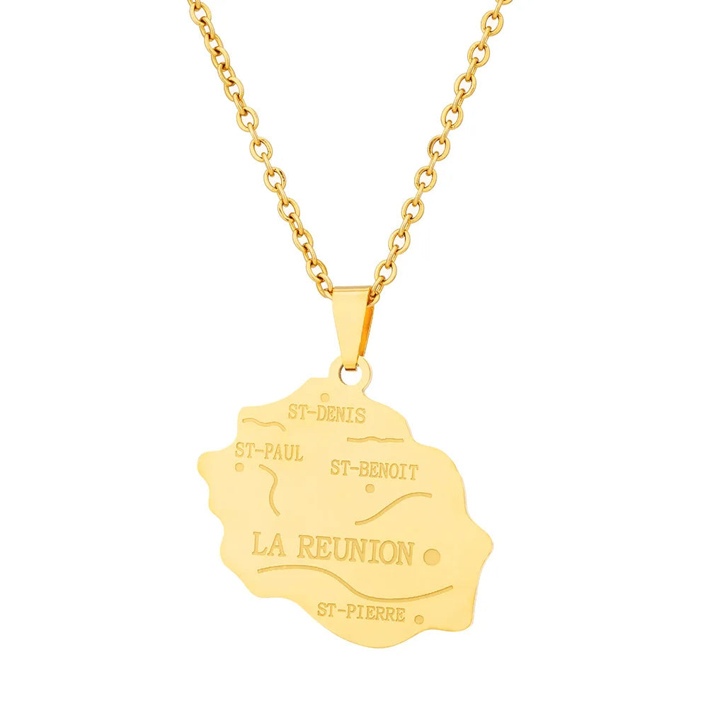 2024 New fashion stainless steel French Reunion map pendant necklace Geometric fashion men's and women's stainless steel pendant