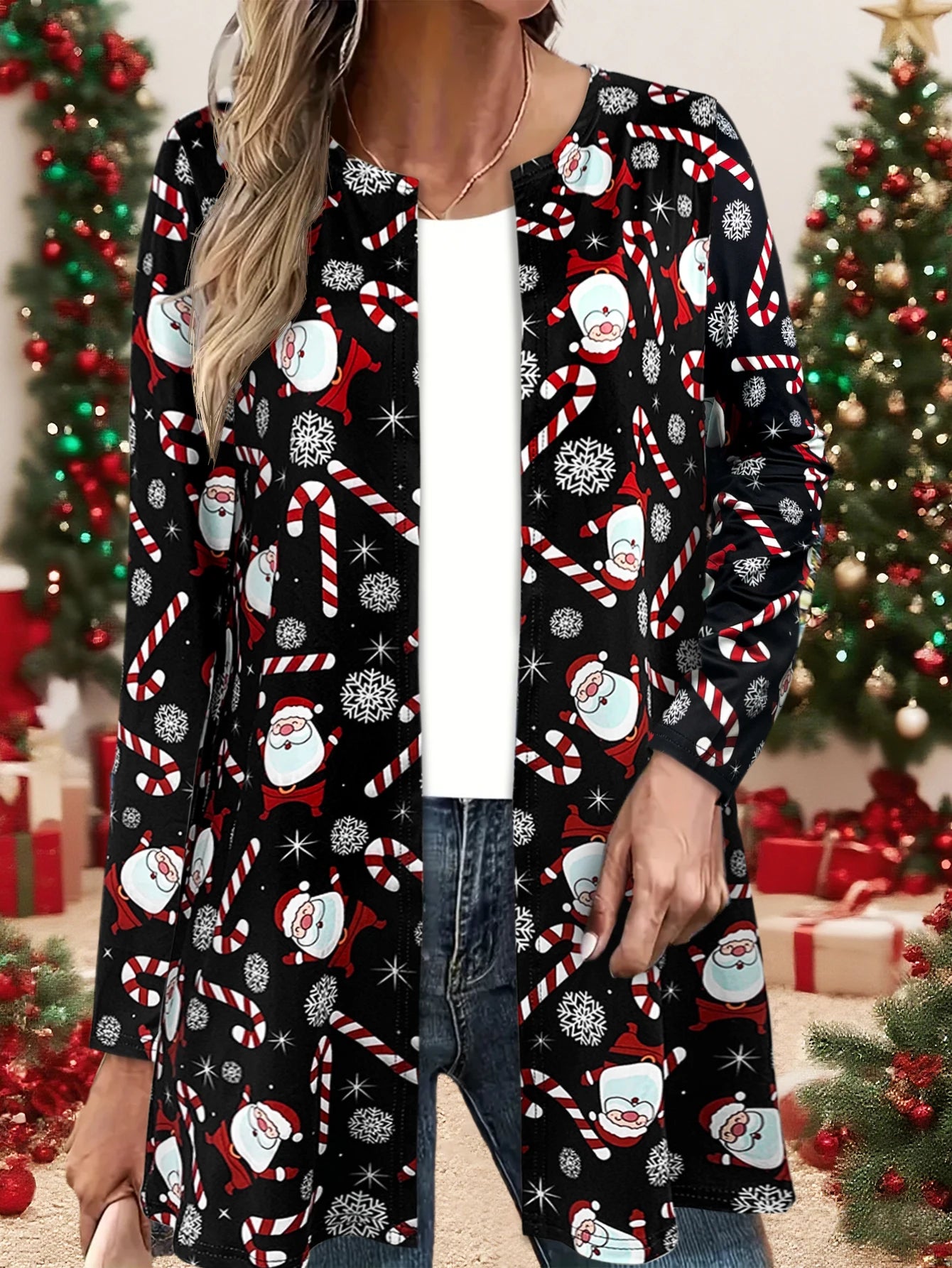 Women's Long - Sleeve Open - Front Christmas Cardigan, Santa & Snowflake Prints, Ideal for Holiday Parties & Family Gatherings