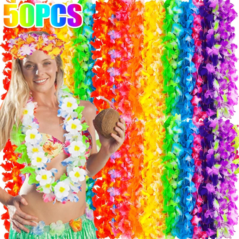 50/5PCS Hawaii Silk Flower Wreaths Summer Tropical Beach Pool Party Decoration Necklace Birthday Wedding Christmas Garlands