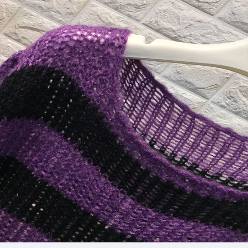 2024 Purple Striped Gothic Sweaters Women Ripped Holes Loose Knitted Pullover Frayed Fairy Grunge Jumpers Emo Streetwear Lolita