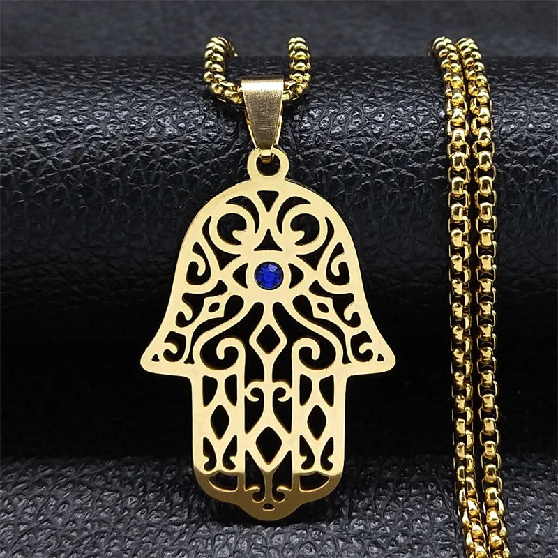 Hamsa Hand Stainless Steel Necklace Gold Color Amulet Hand of Fatima Necklaces Islamic Religious Arabic Jewelry mano de fatima