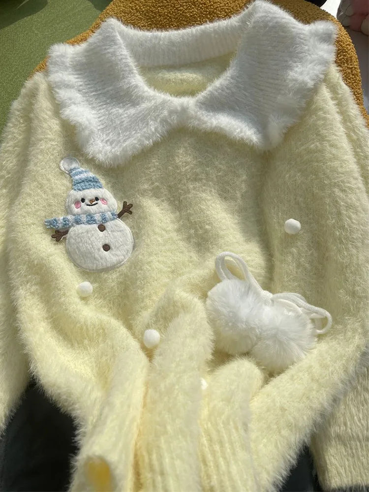 Sweet Faux Mink Cashmere Sweaters Women Kawaii Snowmen Long Sleeve Knitted Pullover Casual Cute Preppy Style Chic Loose Jumpers