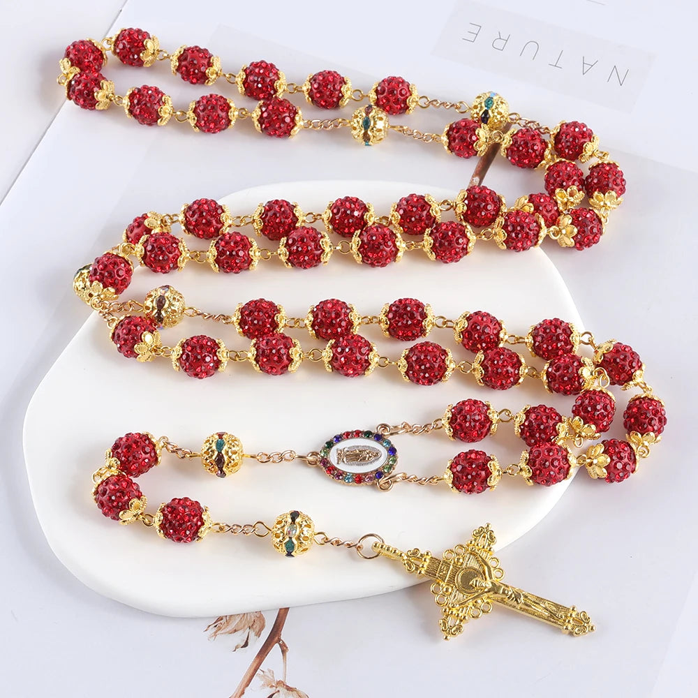 2025New Vintage Catholic 10mm 59 Crystal Rhinestone Beads Cross Necklace