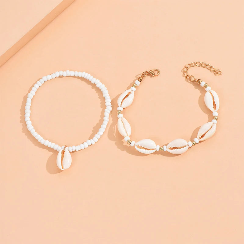 2PCS Bohemia Natural Shell Anklets For Women Small Resin Beads Summer Beach Shell Barefoot Ankle Bracelet Leg Chain Foot Jewelry
