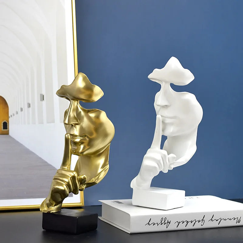 Thinker Statue Sculpture Silence Is Gold Figurines Resin Retro Home Decor for Office Study Living Room Abstract Face Ornaments