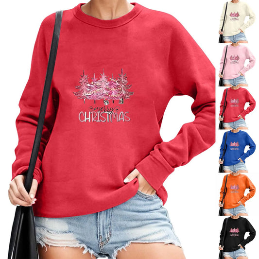 2024 Christmas Pullover Sweater Women's Winter Long Sleeve O-Neck Pullover Sweatshirts Funny Xmas Tree Print Graphic Sweater