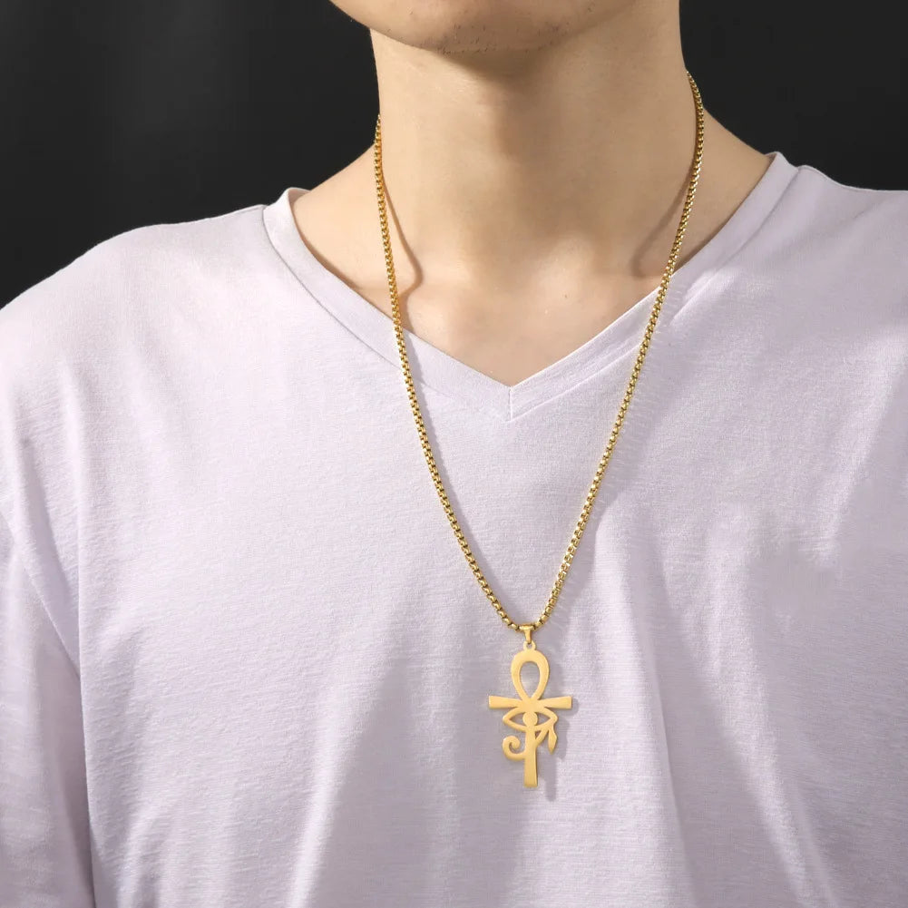 2024 New fashion Egyptian cross The Eye of Horus pendant necklace temperament everything with stainless steel collarbone chain a