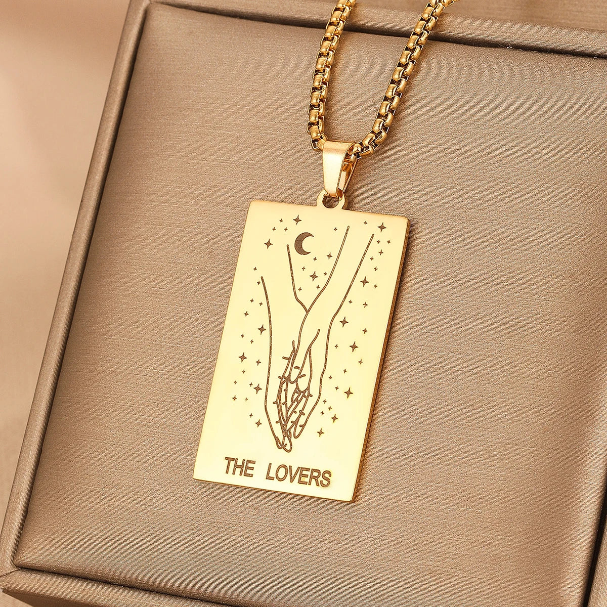 Vintage Moon Rose Flower Tarot Card Necklace Talisman Stainless Steel Libra Justice Necklace for Women Men Sun Amulet Jewelry
