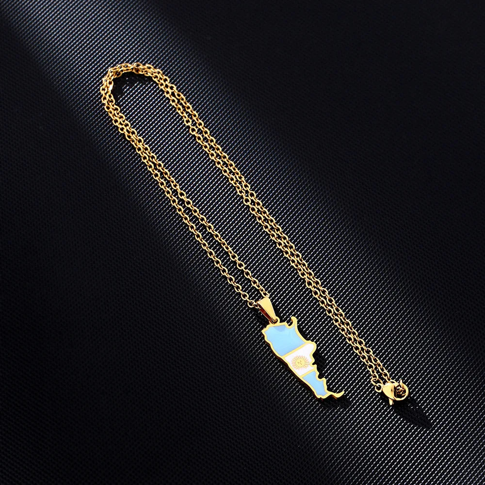 2024 new fashion stainless steel Argentina map and flag pendant necklace temperament everything collarbone chain birthday annive
