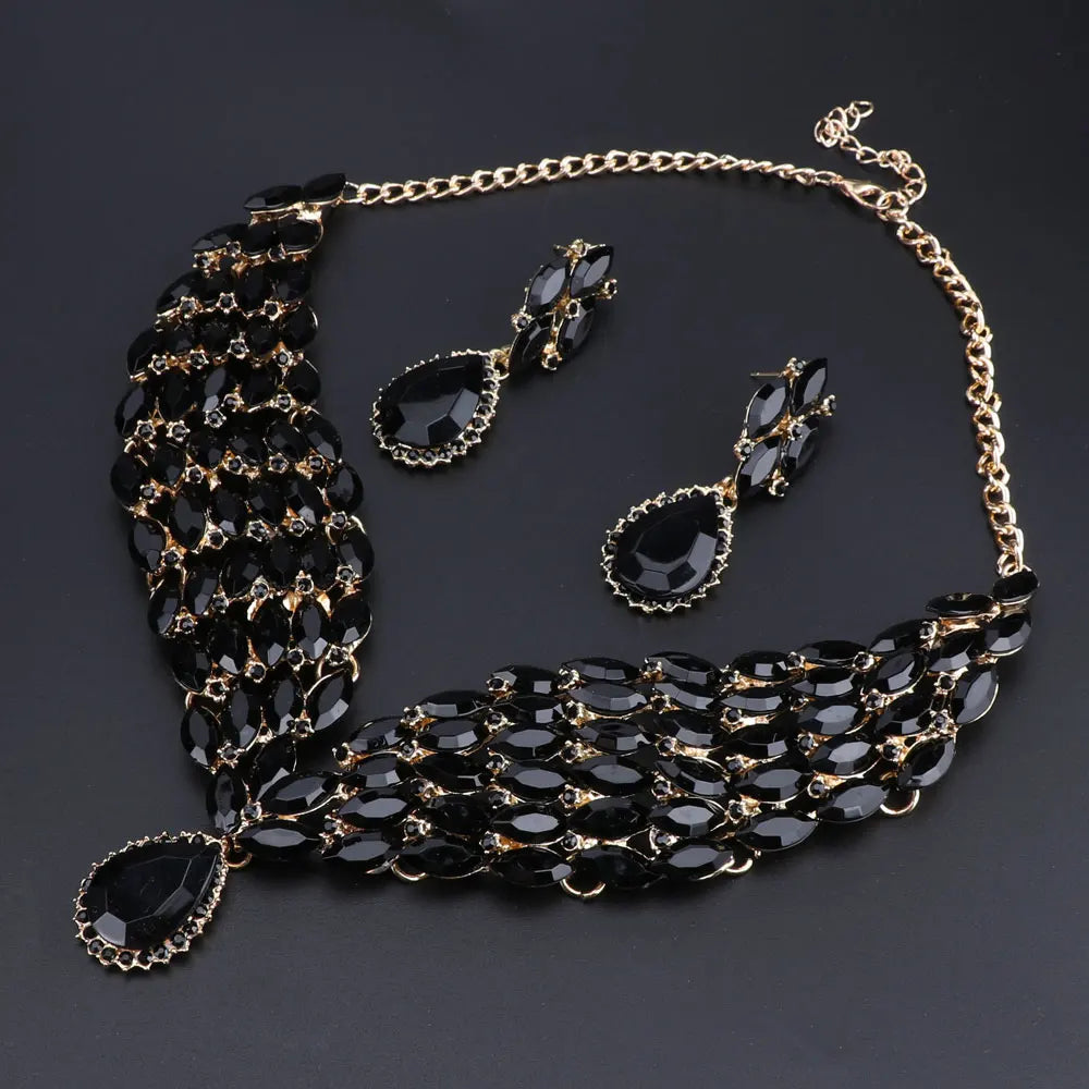 New Green Crystal Statement Necklace Earrings Set Gold Color Jewelry Sets Indian Bridal Wedding Costume Jewellery