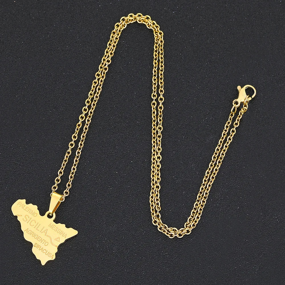 2024 new fashion stainless steel Sicily map pendant necklace temperament everything collarbone chain birthday anniversary small