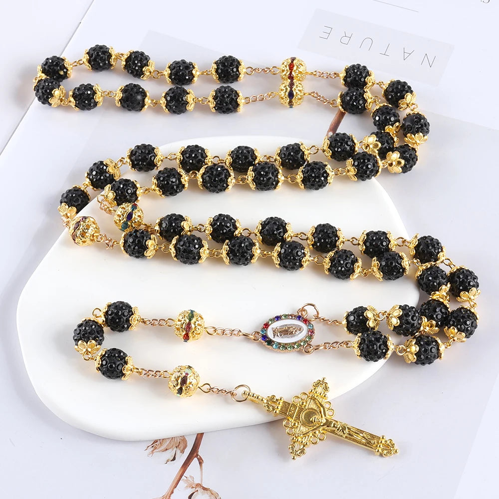 2025New Vintage Catholic 10mm 59 Crystal Rhinestone Beads Cross Necklace