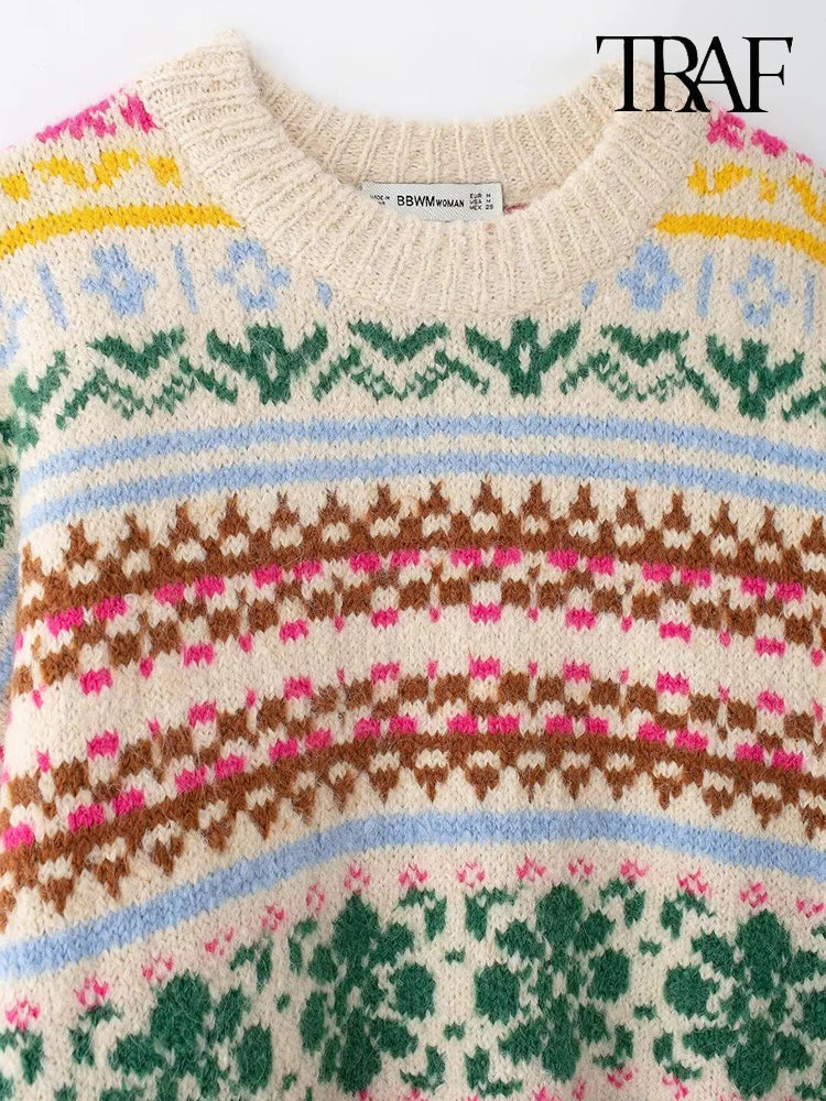 TRAF Women's Fashion 2024 Autumn and Winter Casual Loose Long Sleeve Round Neck Color-Collision Jacquard Knit Christmas Sweater