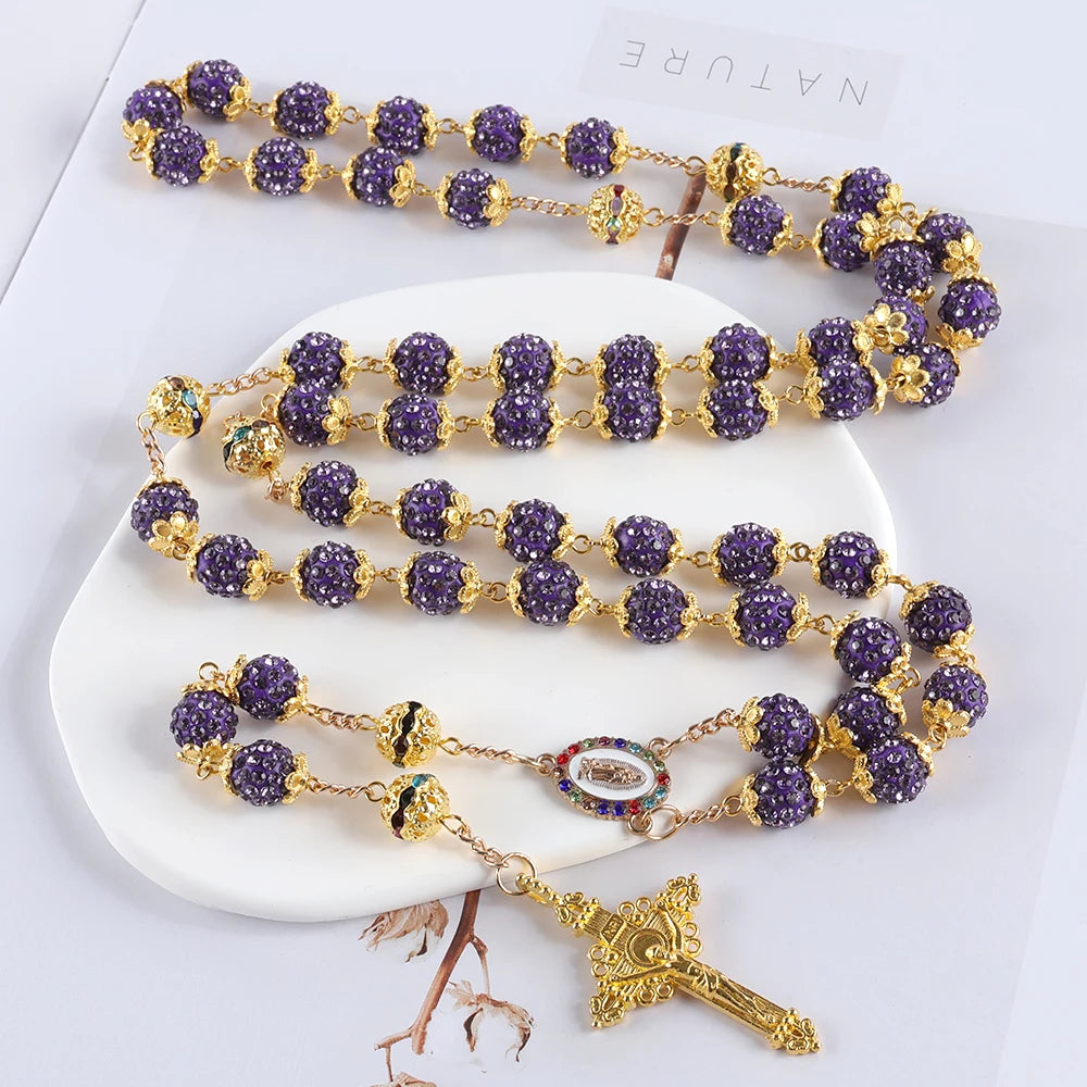 2025New Vintage Catholic 10mm 59 Crystal Rhinestone Beads Cross Necklace