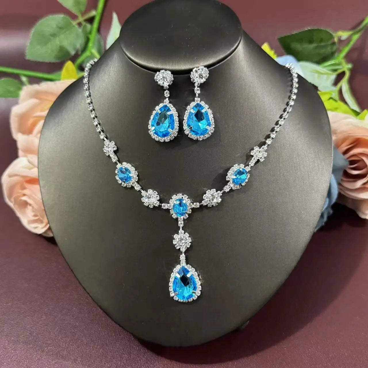 3-piece elegant light blue rhinestone necklace earring jewelry set suitable for women's wedding commemorative banquet jewelry