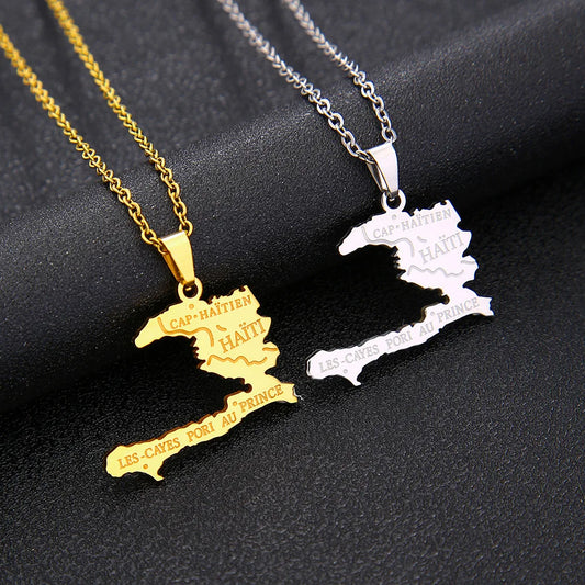 2024 New fashion stainless steel Haiti map pendant necklace for men and women geometric titanium steel pendant ethnic style clav