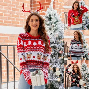 2025Women's Casual Loose Lazy Style Sweater Christmas Tree Color Block Jacquard Christmas Sweater Gift