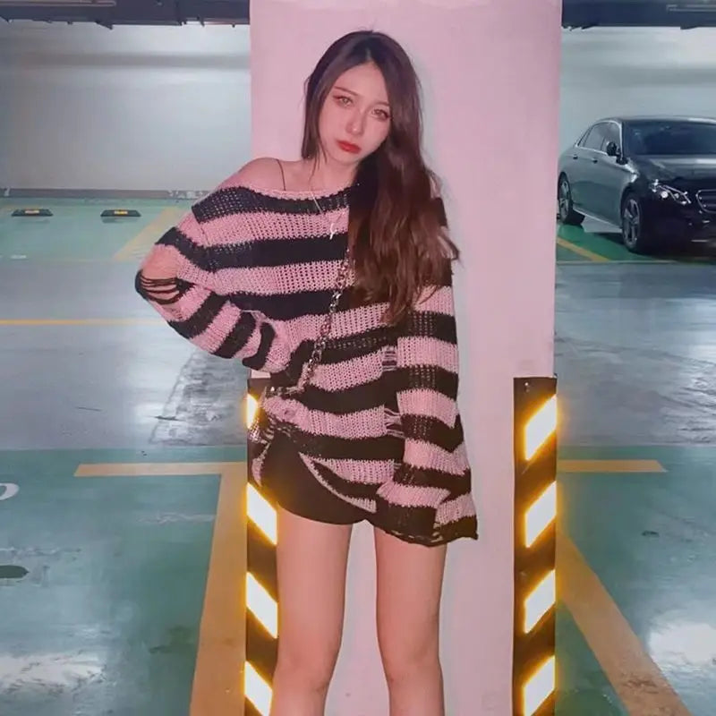 2024 Purple Striped Gothic Sweaters Women Ripped Holes Loose Knitted Pullover Frayed Fairy Grunge Jumpers Emo Streetwear Lolita