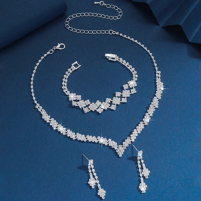 1Set Geometric Rhinestone Necklace Earrings Bracelet Kit Wedding Bride Jewelry Set Simple Tassel Sparkling Jewelry Set Gifts