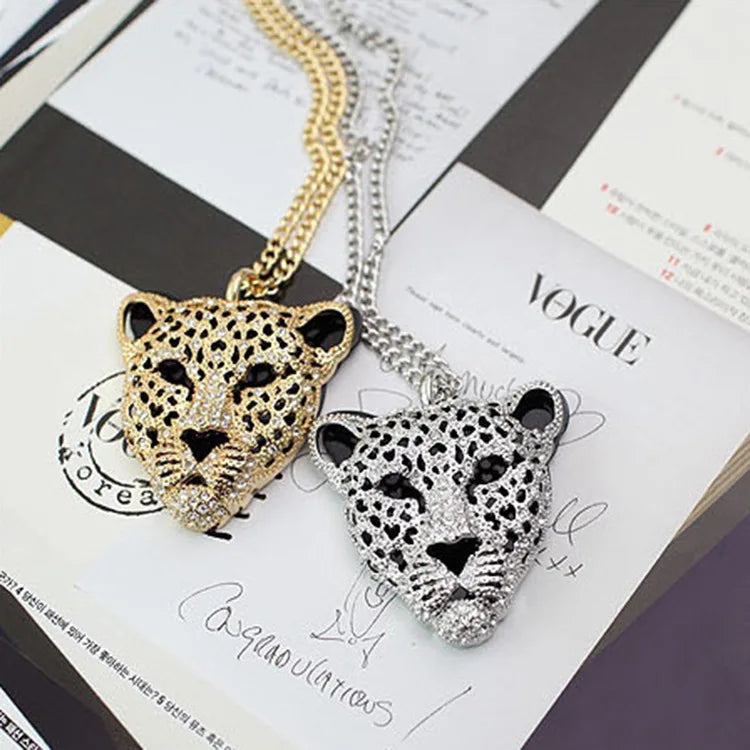 Super Large Alloy Leopard Head Pendant Necklace for Women Hollow Rhinestone Gothic Men's Collar Cuban Chain Halloween Jewelry