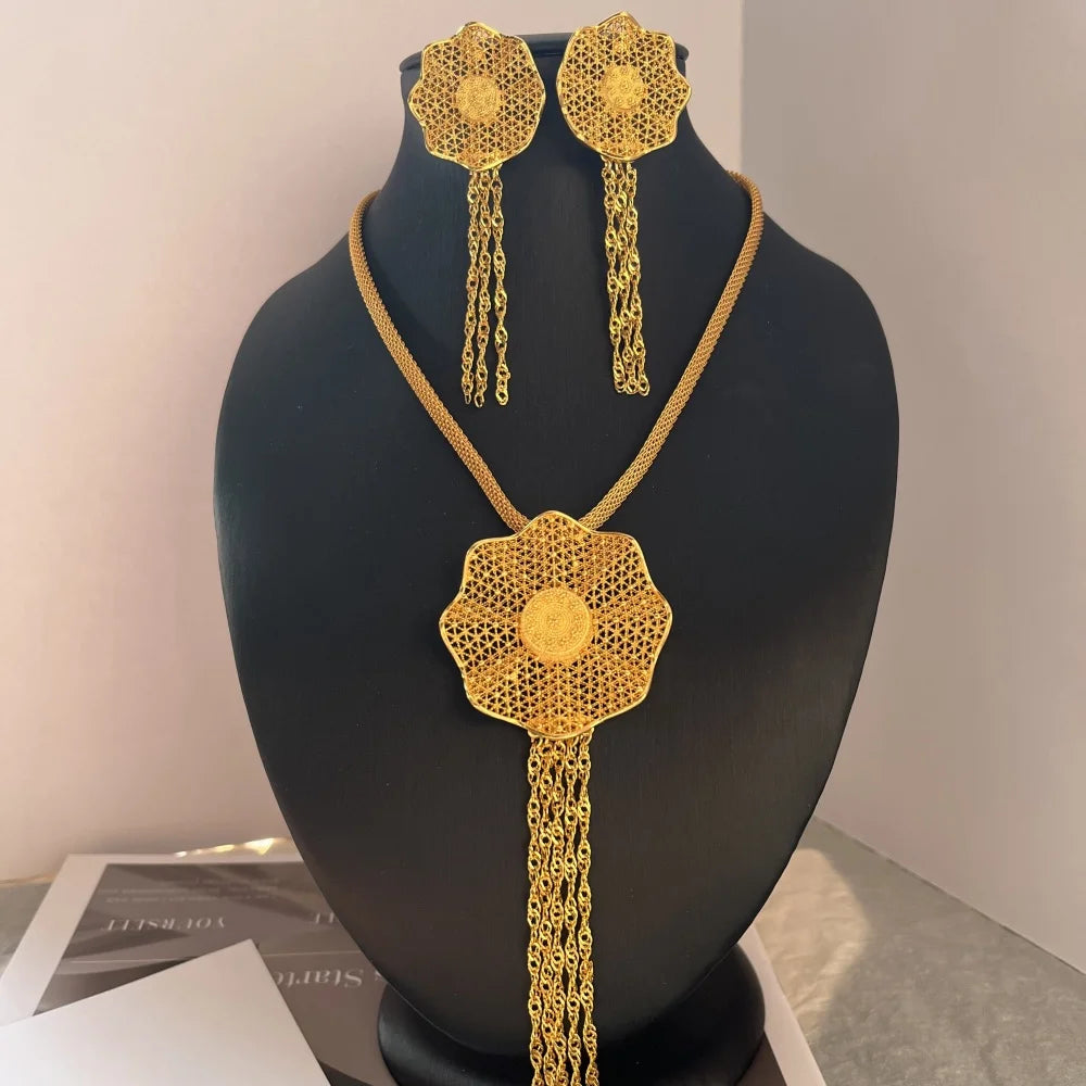 Dubai 24K Gold Color Long Jewelry Sets Wedding African Necklace Earrings For Women Nigerian Indian Bridal Set Party Gifts