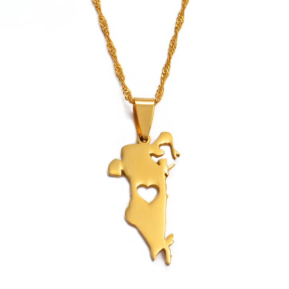 Anniyo 3cm Heart The Kingdom of Bahrain Map Pendant Chain Necklaces for Women Jewelry Gifts @005421