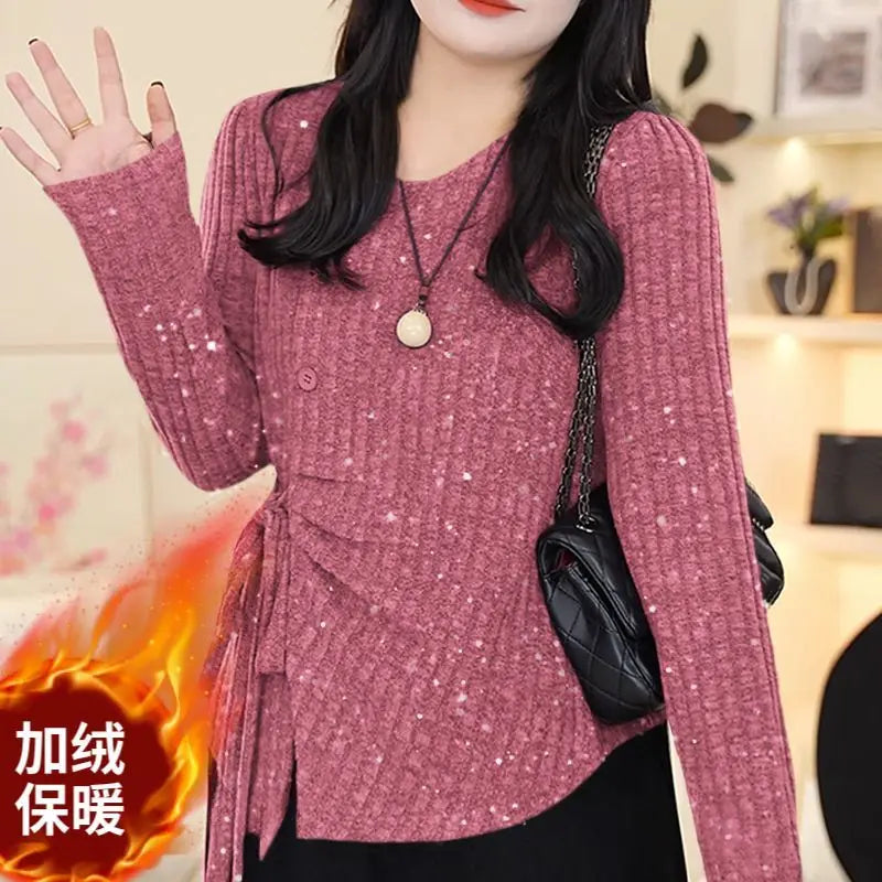 Temperament Waist-hugging and Fleece Tied Shoulder Sweater Keeps Warm in Autumn and Winter Irregular Sequins Fashionable