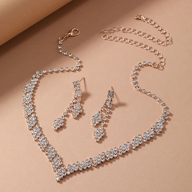 1Set Geometric Rhinestone Necklace Earrings Bracelet Kit Wedding Bride Jewelry Set Simple Tassel Sparkling Jewelry Set Gifts
