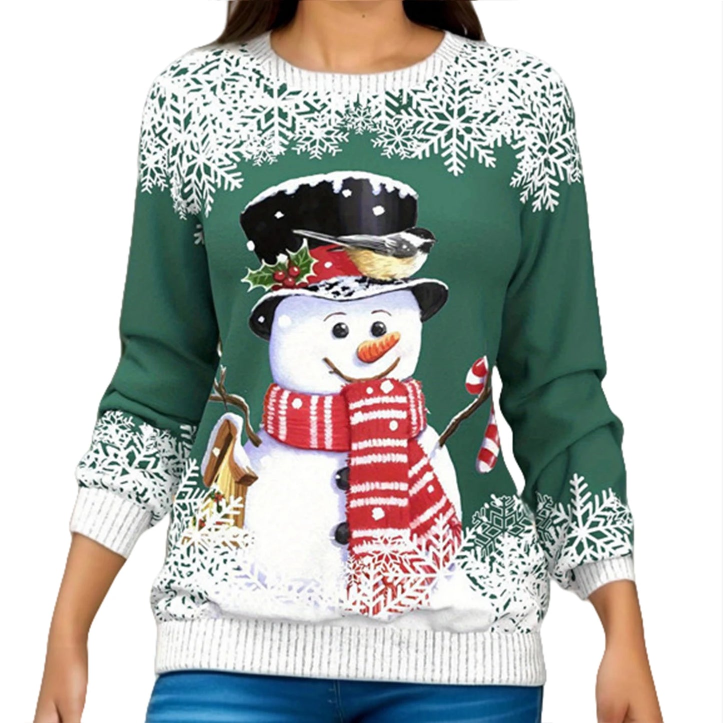 2024 Christmas Series Women’s Autumn and Winter Casual Fashion Printed Long Sleeve Round Neck Pullover Large Size Sweatshirt