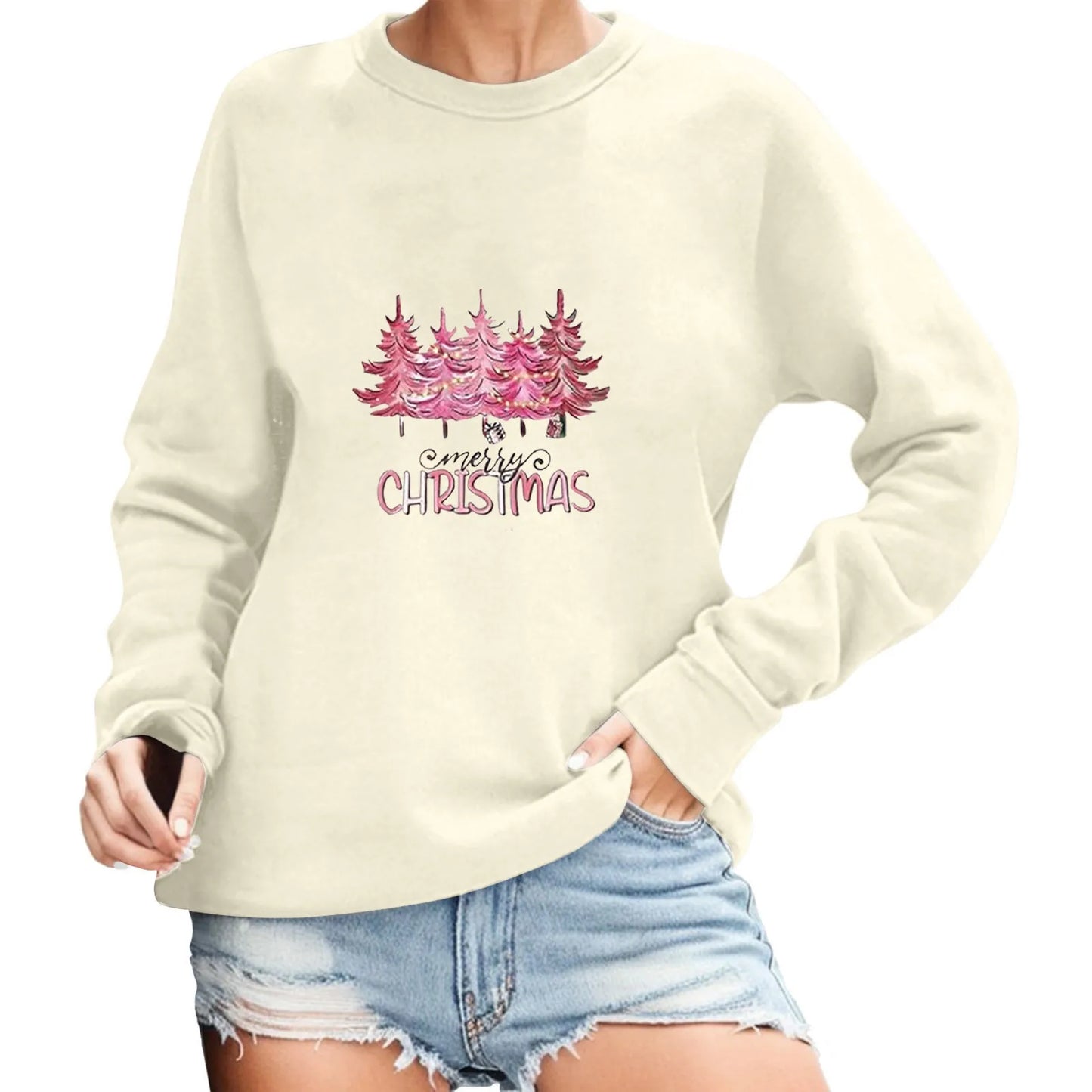 2024 Christmas Pullover Sweater Women's Winter Long Sleeve O-Neck Pullover Sweatshirts Funny Xmas Tree Print Graphic Sweater