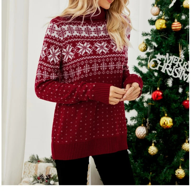 Winter 2025 Women's Christmas Sweater Full Sleeve Turtleneck Knitted Jumpers Soft Loose Jacquard Pullover Tops Female Xmas Look
