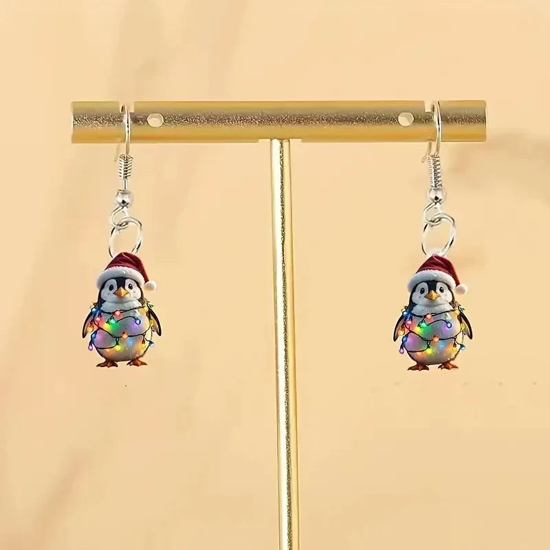 YAOLOGE Fun Leisure Santa's Hat Colorful Light Strip Penguin Earrings 2D Acrylic Design Women Winter Atmosphere Eardrop Gifts