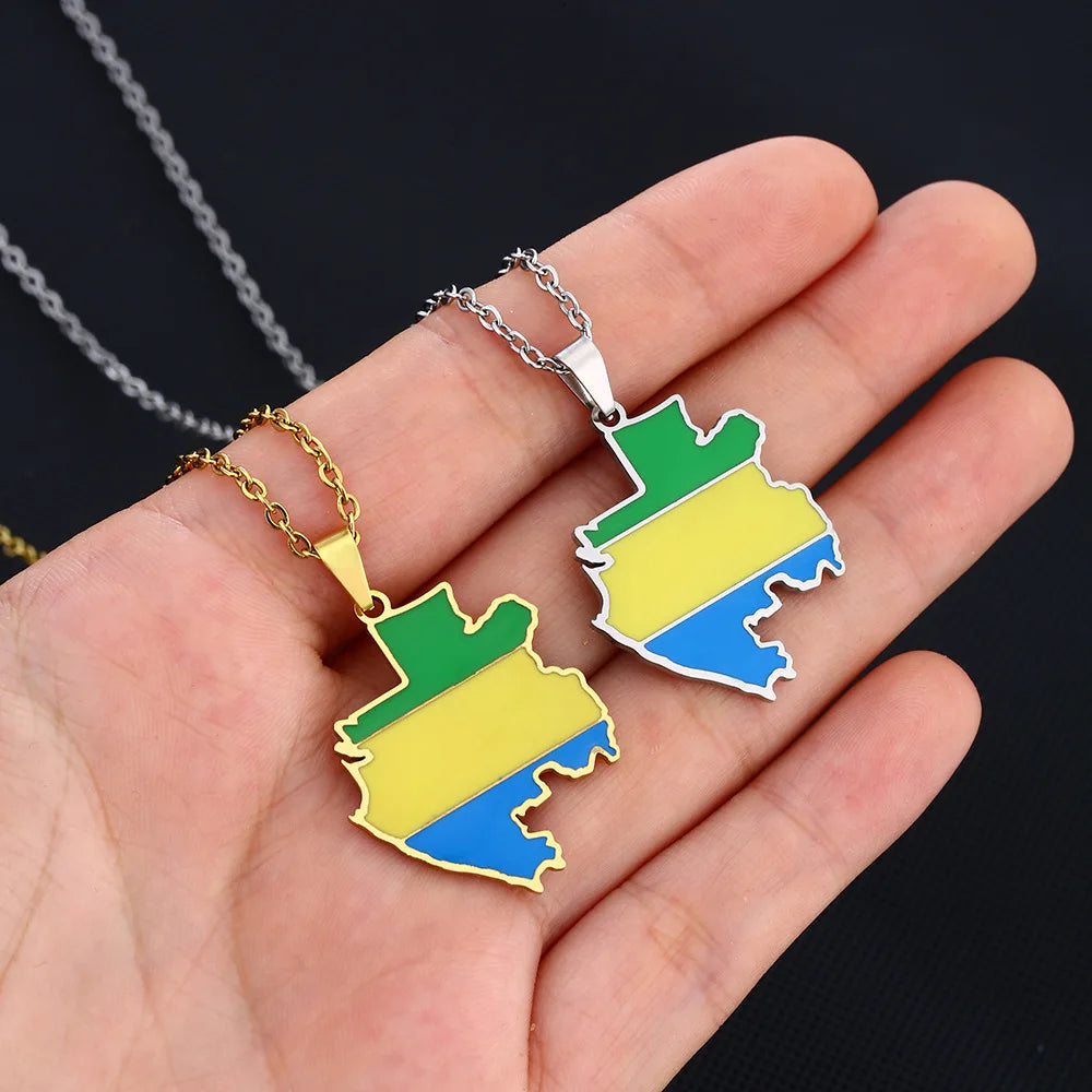 2024 new fashion stainless Gabon map flag pendant necklace temperament everything collarbone chain birthday anniversary gift