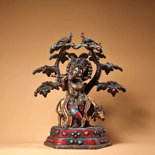 13 inch bronze gold inlay Gem Indian Buddhism Visnu Krishna gods deities statue