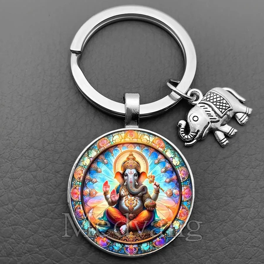Sacred Elephant Ganesha Keychain Buddha keychain and key ring God Of Wealth Elephant glass key ring men and women bag decoration