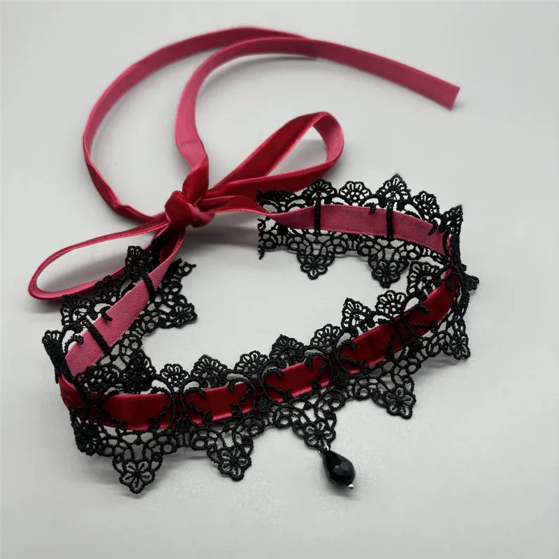 2025 New Sexy Lace Flower Necklace for Women Gothic Punk Velvet Collar Choker Black Waterdrop Pendent Necklace Strap Bow Jewelry