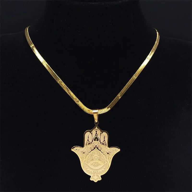Hamsa Hand Stainless Steel Necklace Gold Color Amulet Hand of Fatima Necklaces Islamic Religious Arabic Jewelry mano de fatima