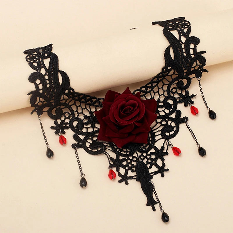 1PCS Vintage Punk Flower Charm Pendant Choker Necklace For Women Gothic Lace Tassel Clavicle Chain Jewelry