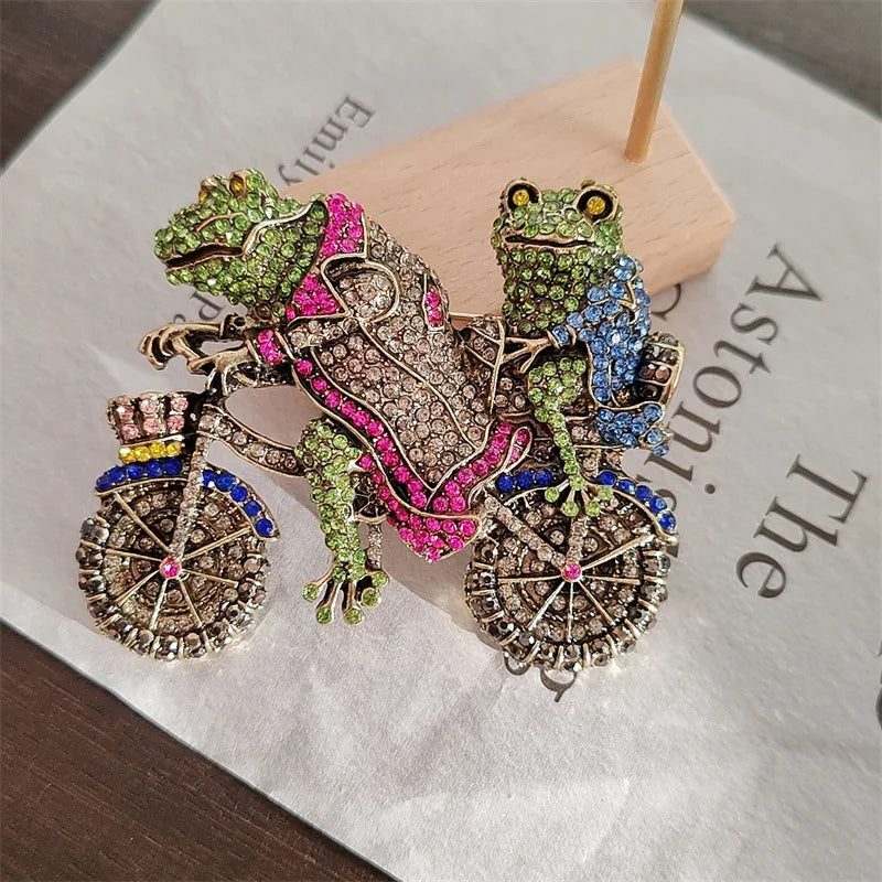 vintage jewelry retro heavy diamond frog prince bicycle brooch women accessories pin