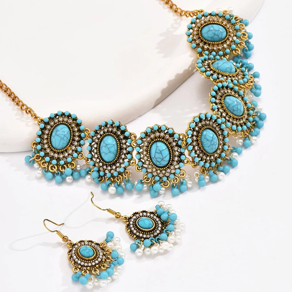 Vintage 2 piece Jewelry Set Inlaid Turquoise Stone Match Daily Wear Party Accessories Women's Necklace Earrings Sets