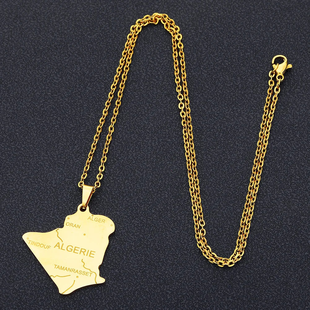 2024 New fashion stainless steel Algerian map necklace for women and men couples ethnic style accessory collarbone chain anniver