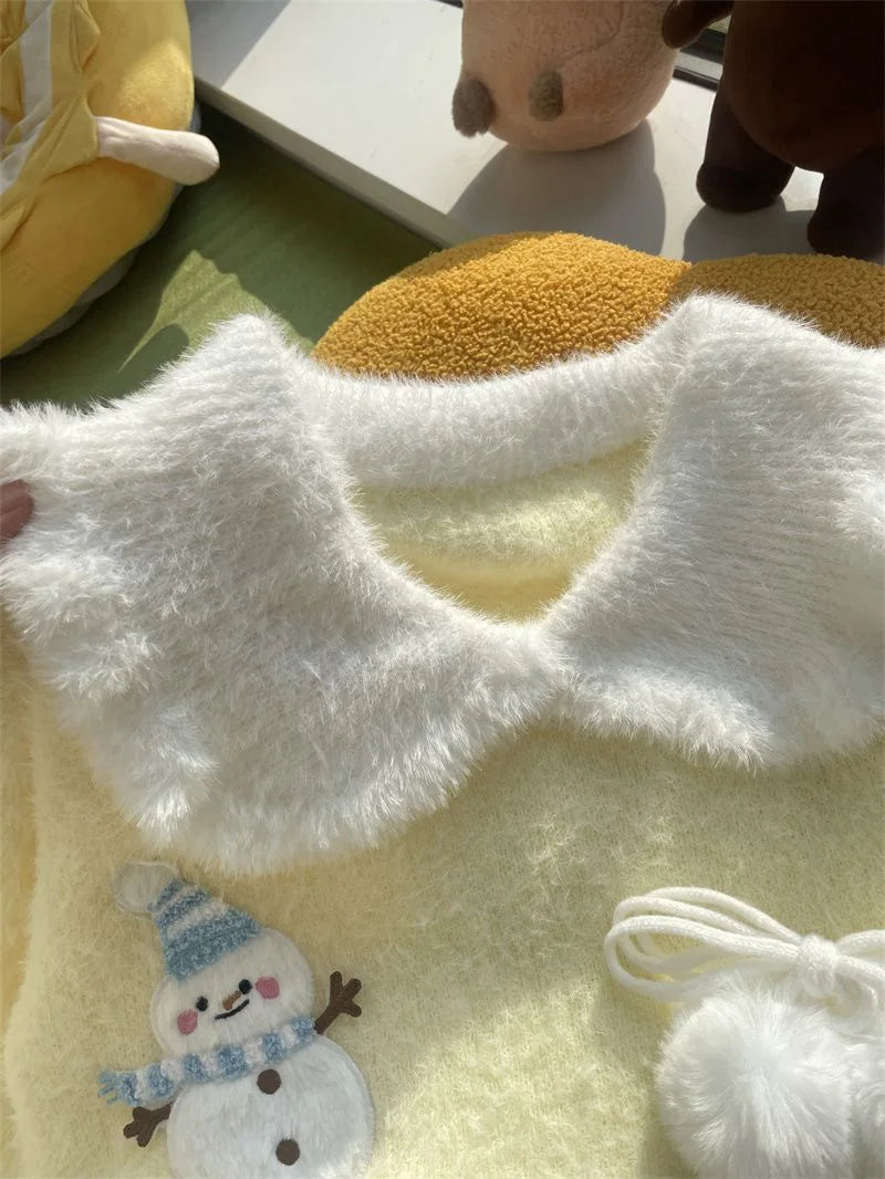 Sweet Faux Mink Cashmere Sweaters Women Kawaii Snowmen Long Sleeve Knitted Pullover Casual Cute Preppy Style Chic Loose Jumpers